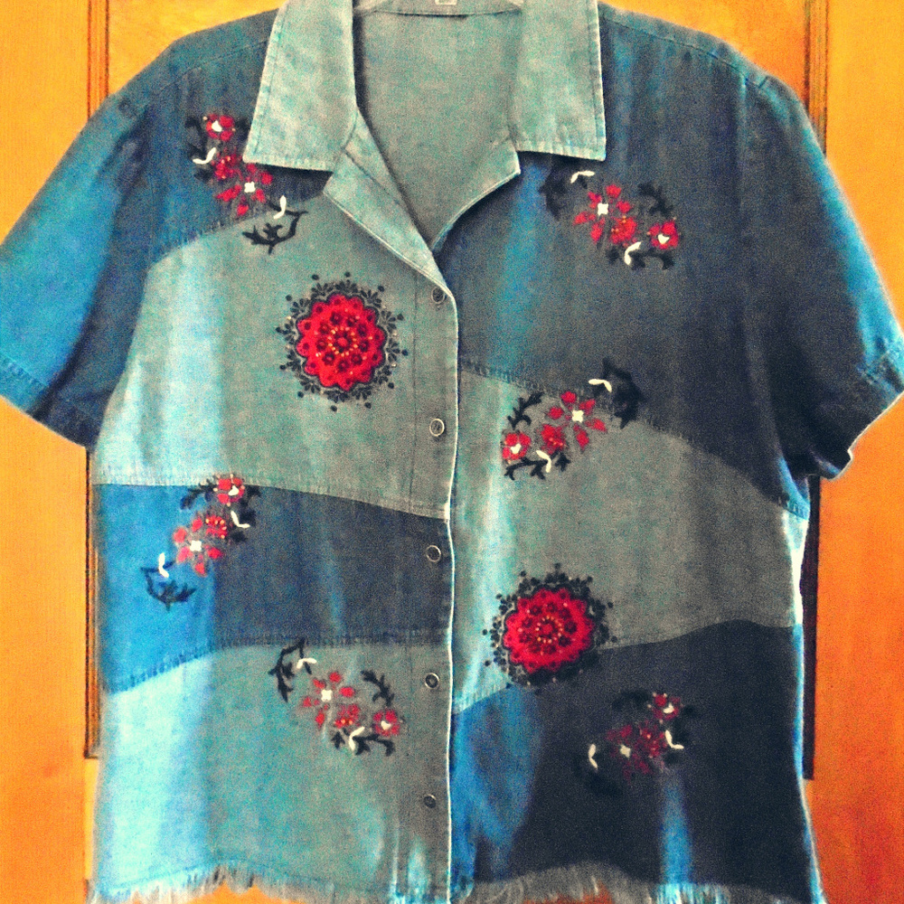 Denim  Blouse With Embroidery and Wooden Beads XL